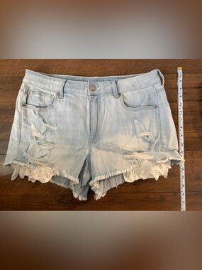 American Eagle Light Blue Lace Trim High Rise Denim Shorts